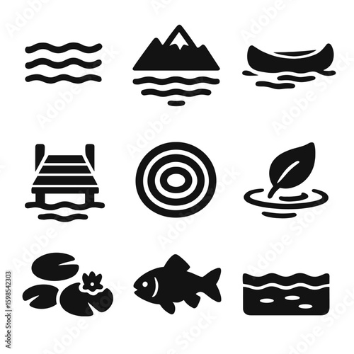 Aquatic Nature Icons. Solid style icons of aquatic nature and lakes: calm lake surface, mountain lake icon, canoe on water, dock