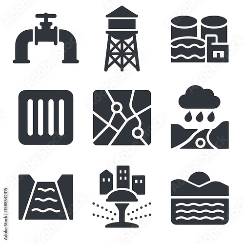 City Water Infrastructure Icons. Solid style icons of city and infrastructure water systems: urban pipeline, water tower,