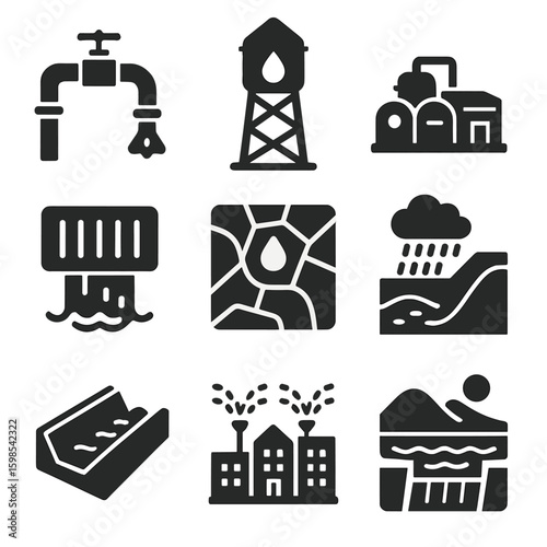 City Water Infrastructure Icons. Solid style icons of city and infrastructure water systems: urban pipeline, water tower,