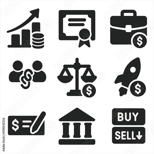 Investment Icons Collection. Solid style icons of investments and equity: growth chart with coins, stock certificate, investment