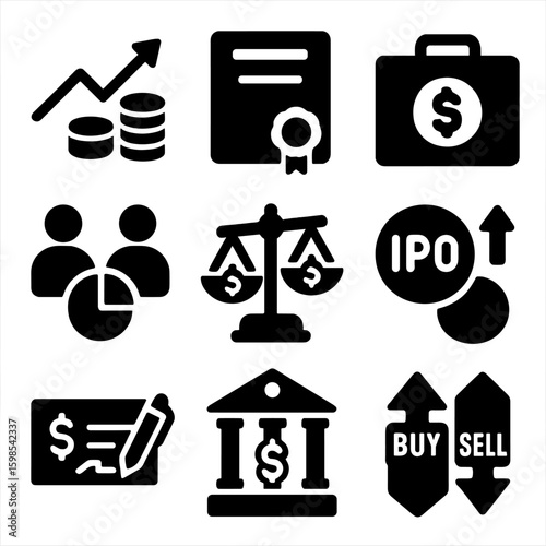 Investment Icons Collection. Solid style icons of investments and equity: growth chart with coins, stock certificate, investment