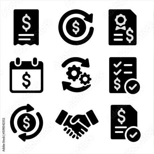 Recurring Payments Icons. Solid style icons of recurring payments and subscriptions: monthly bill icon, auto-debit icon,