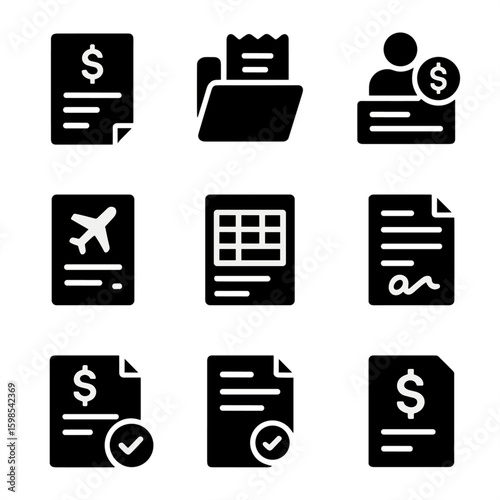 Business Expenses Icons. Solid style icons of business expenses and reimbursements: expense report icon, receipt folder,