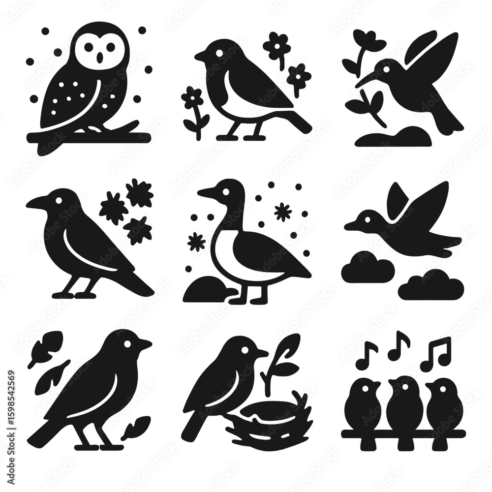 Fototapeta premium Seasonal Bird Icons. Solid style icons of birds in seasonal settings: snowy owl, spring robin, summer hummingbird, autumn crow,