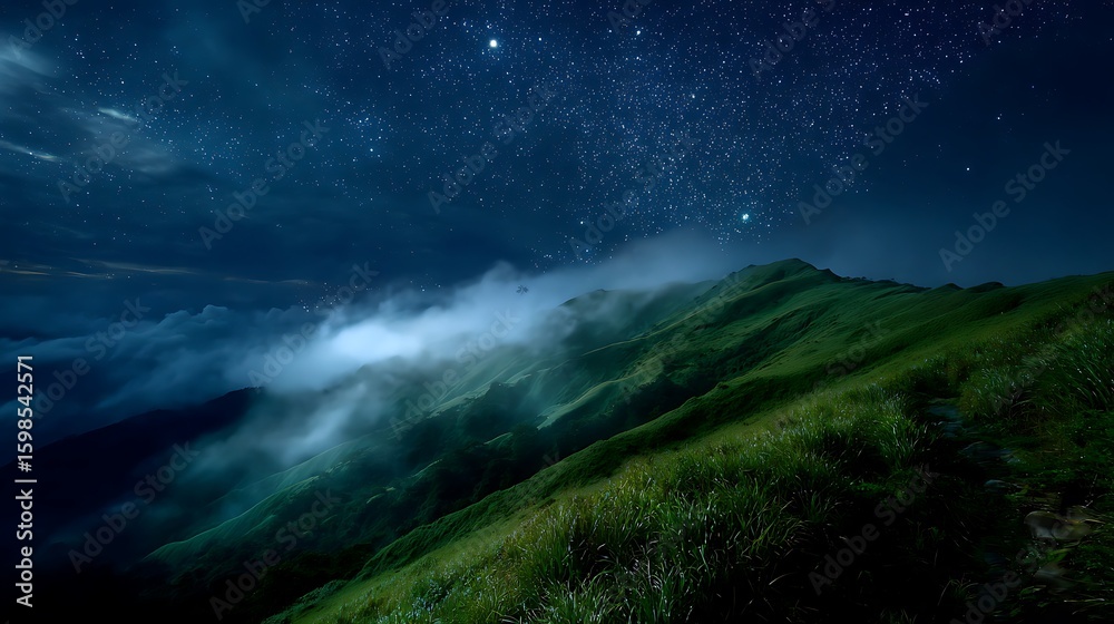 Naklejka premium Night Sky Glows Above Mountain Range. Starry night scene for web, design, or marketing.