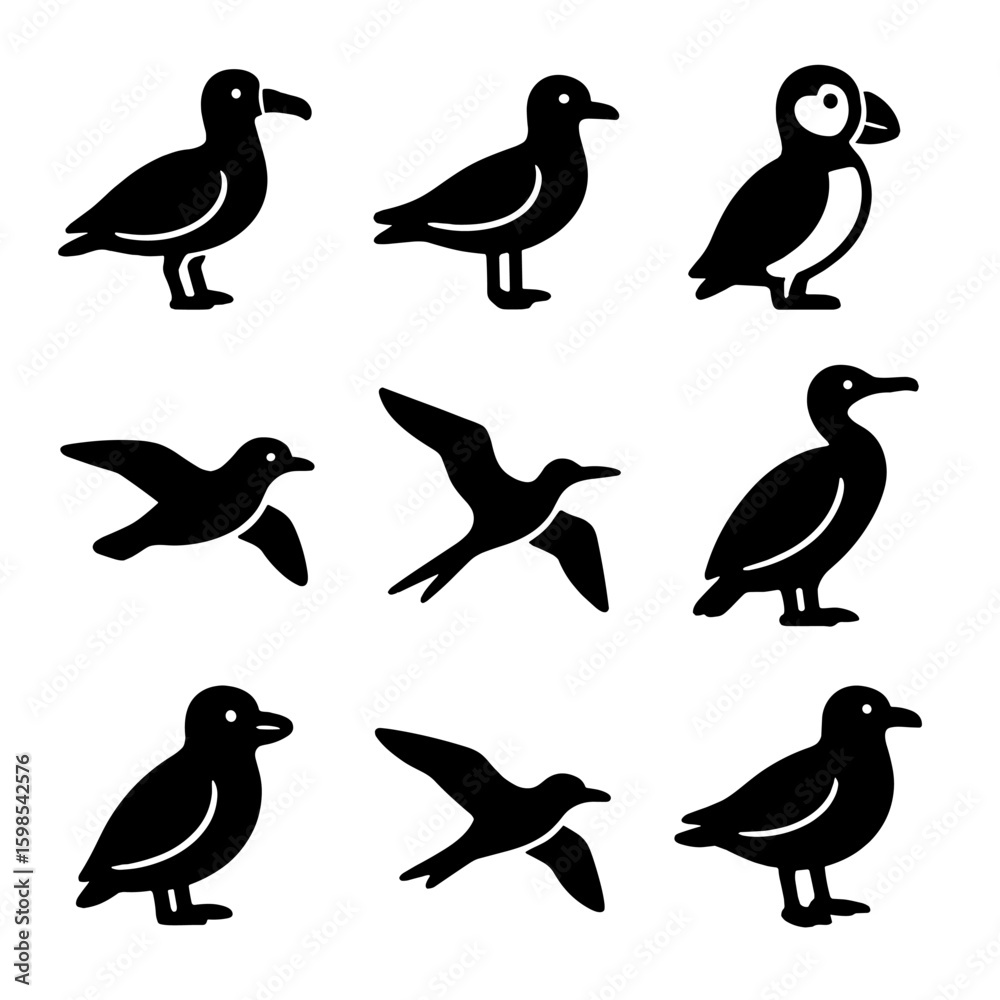 Obraz premium Seabirds Icon Set. Solid style icons of seabirds: albatross, gull, puffin, shearwater, frigatebird, cormorant, auklet, petrel,