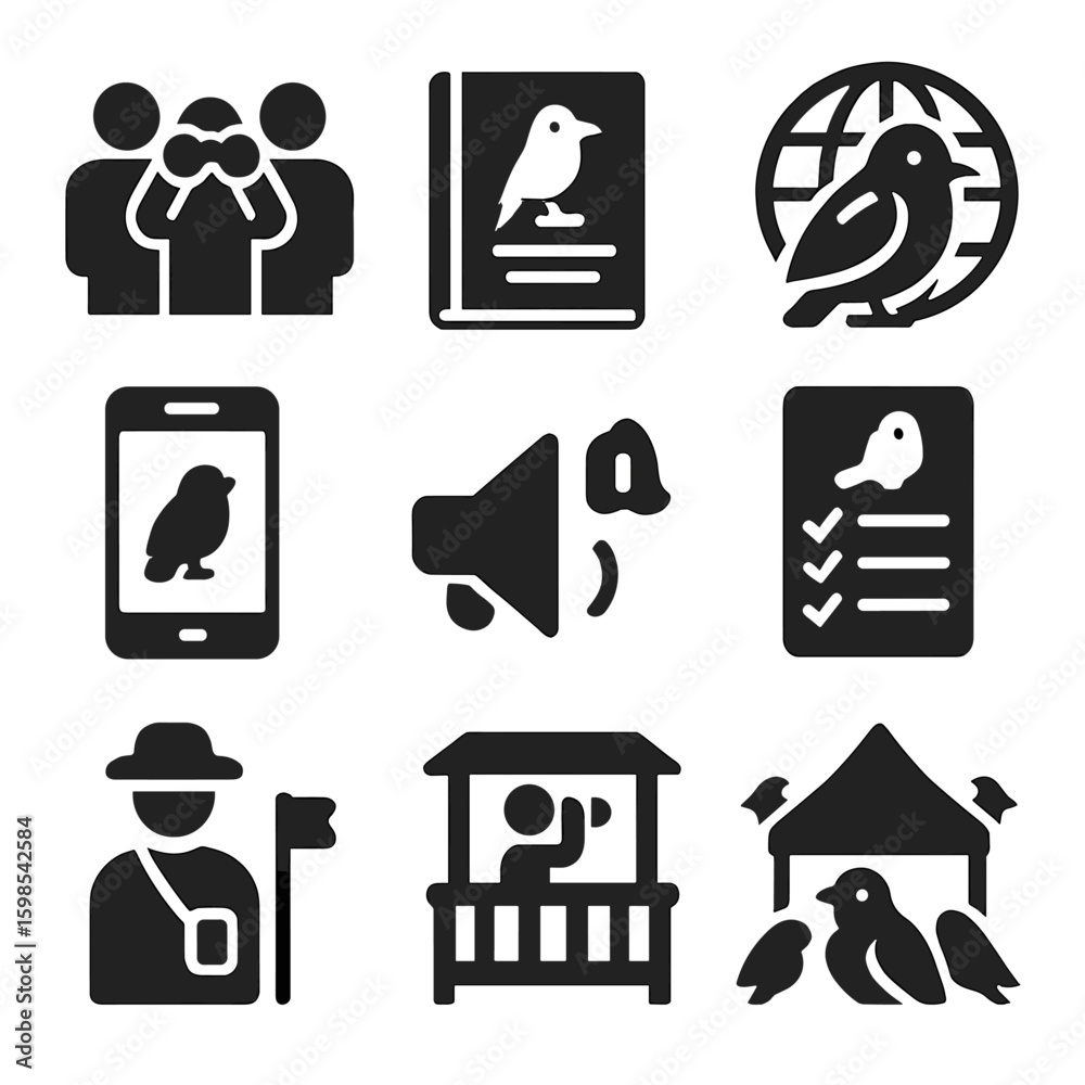 Obraz premium Global Birdwatching Icons. Solid style icons of global birdwatching: birdwatching group, birding journal, global bird map, birding