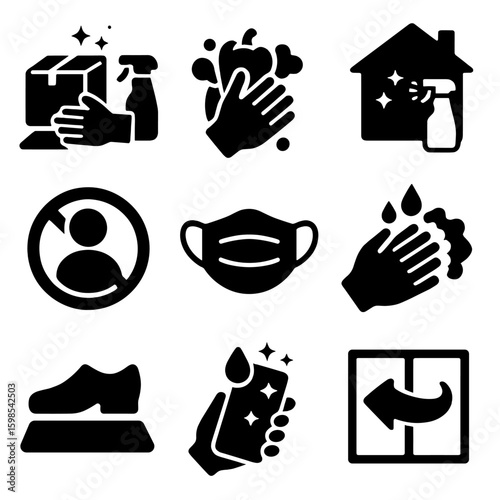 Household Precaution Icons. Solid style icons of household precautions: delivery sanitizing, cleaning groceries, home disinfection