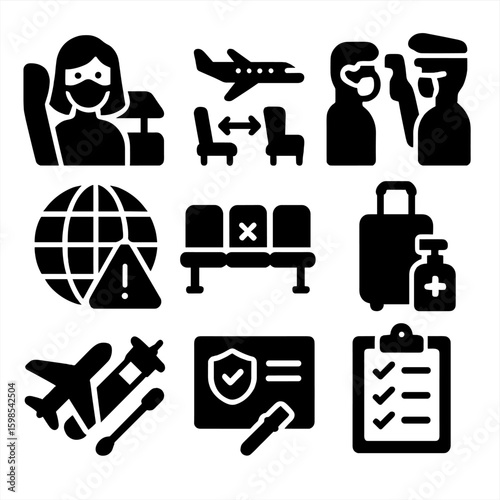 Pandemic Travel Icons. Solid style icons of pandemic travel protocols: masked passenger in plane, airline safety measures, airport