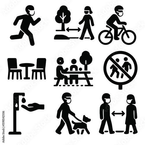 Pandemic Outdoor Icons. Solid style icons of outdoor pandemic behavior: masked jogger, walking in park with distance, biking with
