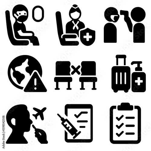 Pandemic Travel Icons. Solid style icons of pandemic travel protocols: masked passenger in plane, airline safety measures, airport