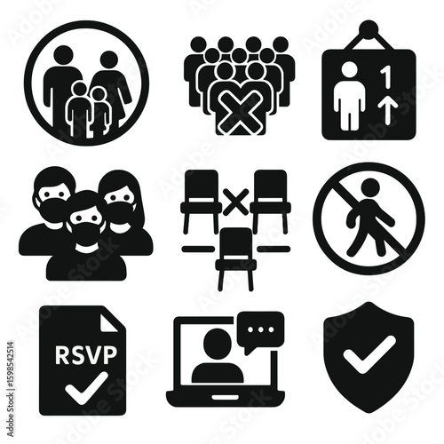 Group Gathering Icons. Solid style icons of group gathering rules: family bubble icon, no large group icon, capacity limit poster,
