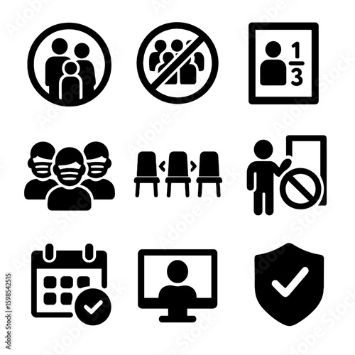 Group Gathering Icons. Solid style icons of group gathering rules: family bubble icon, no large group icon, capacity limit poster,