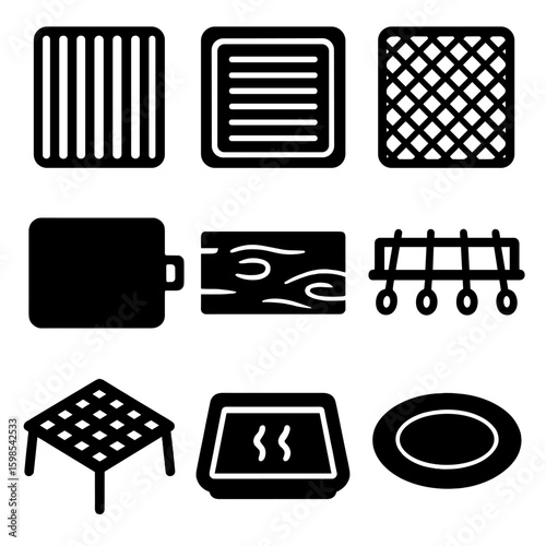 Grilling Surface Icons. Solid style icons of grilling surfaces: cast iron grate, non-stick plate, mesh rack, griddle surface,