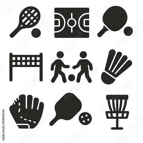 Public Leisure Sports Icons. Solid style icons of public leisure sports: tennis game, basketball court, table tennis paddle,