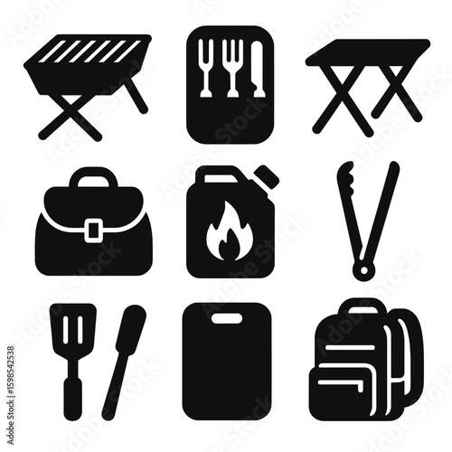 Portable BBQ Tools Icons. Solid style icons of portable BBQ tools: foldable grill, compact utensil set, collapsible table, travel