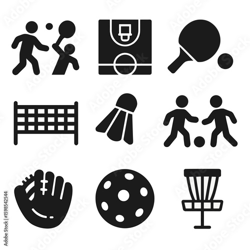 Public Leisure Sports Icons. Solid style icons of public leisure sports: tennis game, basketball court, table tennis paddle,