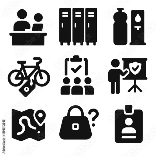Recreation Center Icons. Solid style icons of recreation center services: membership desk, locker room icon, water bottle refill,