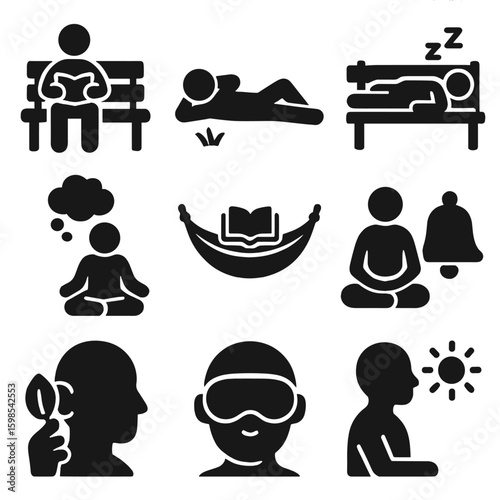 Icons of Relaxation. Solid style icons of relaxation and downtime: reading bench, laying on grass, park napping icon, daydream