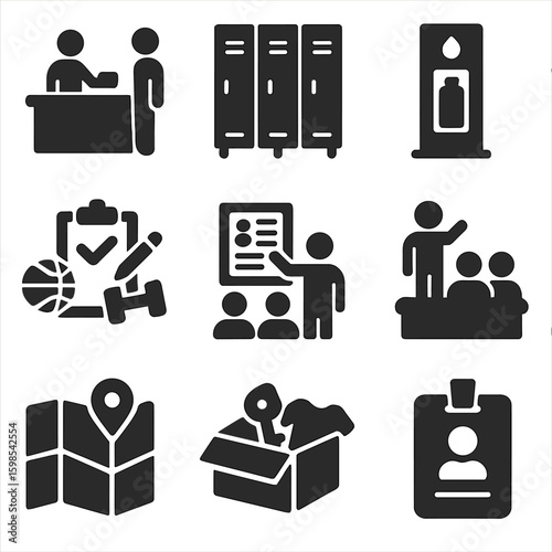 Recreation Center Icons. Solid style icons of recreation center services: membership desk, locker room icon, water bottle refill,