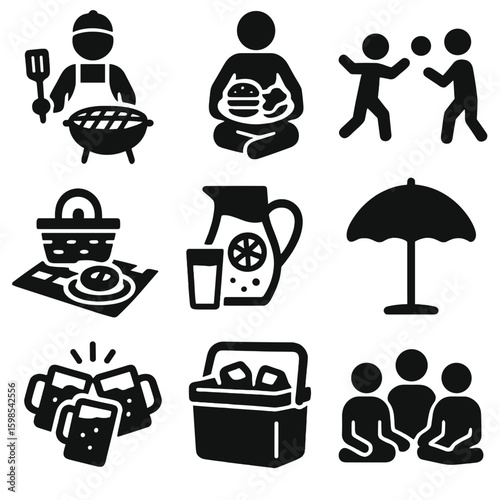 Picnic and BBQ Icons. Solid style icons of picnic and BBQ gatherings: grill master icon, food plate in lap, blanket with basket,