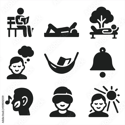 Icons of Relaxation. Solid style icons of relaxation and downtime: reading bench, laying on grass, park napping icon, daydream