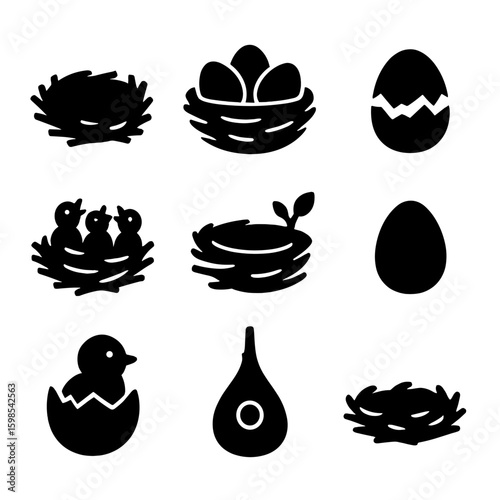 Bird Nest Icons. Solid style icons of bird nests and eggs: twig nest, nest with eggs, broken egg shell, baby birds in nest, nest