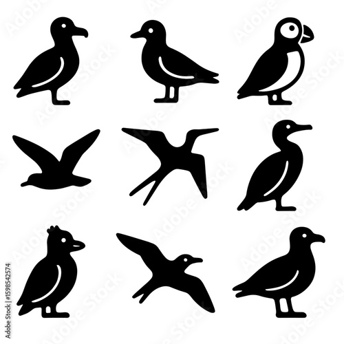 Seabirds Icon Set. Solid style icons of seabirds: albatross, gull, puffin, shearwater, frigatebird, cormorant, auklet, petrel,