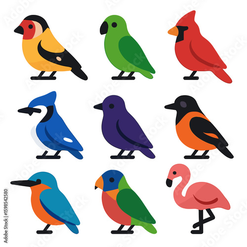 Colorful Bird Icons. Solid style icons of colorful bird species: goldfinch, green parakeet, red cardinal, blue jay, purple
