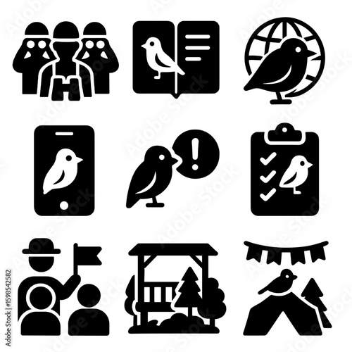 Global Birdwatching Icons. Solid style icons of global birdwatching: birdwatching group, birding journal, global bird map, birding