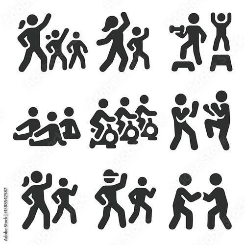 Group Fitness Icons. Solid style icons of group fitness: aerobics class, dance cardio, HIIT circuit, group stretching, spin class,