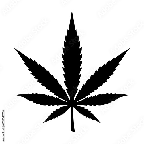 Detailed black and white silhouette of an iconic cannabis leaf, perfect for design elements, branding, and visual communication. A strong silhouette for any project.