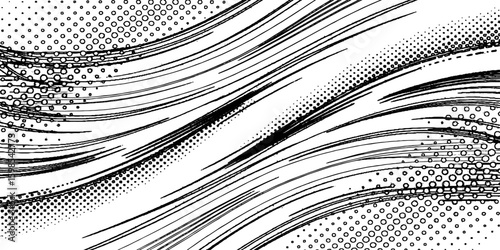 Abstract black and white grunge background with halftone dots and curved lines forming a wave pattern.