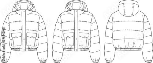 Technical drawing of hooded puffer jacket, front and back views, winter outerwear fashion illustration, detailed garment design, modern clothing sketch