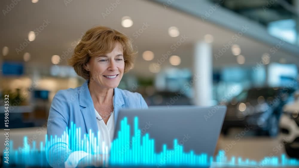 A determined businesswoman analyzes sales charts on her laptop in a sleek, open-concept auto showroom with modern architectural design.