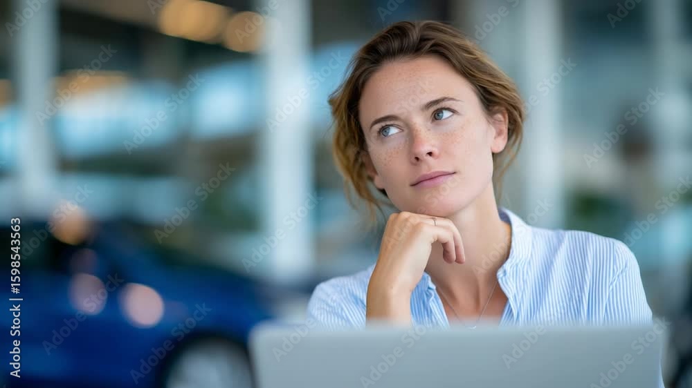 A focused female professional works on her laptop by a dealership entrance, with vehicles reflected in the glass walls and natural light illuminating the space. A focused female professional works on her laptop by a dealership entrance, with vehicles reflected in the glass walls and natural light illuminating the space.