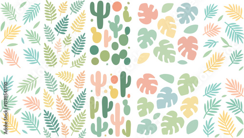 Pastel Tropical Plants and Cactus Pattern.
