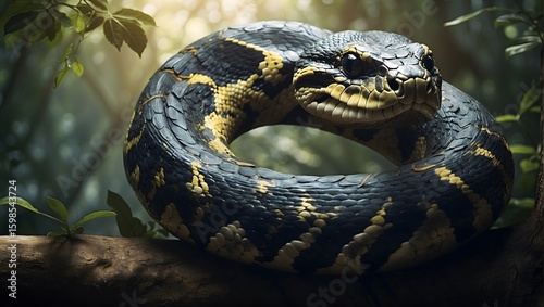 Coiled Black and Yellow Snake in Natural Forest Habitat