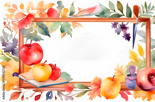 A frame surrounded by apples and leaves, a place for text