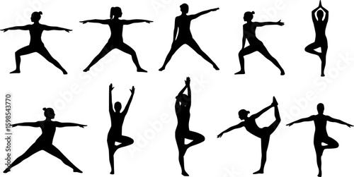 set of silhouettes of women doing yoga, stretching, vector
