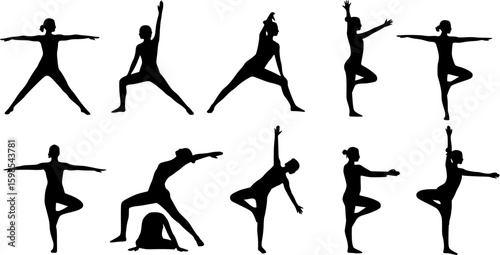 set of silhouettes of women doing yoga, stretching, vector
