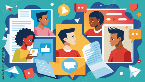 A mixed media page with torn magazine clippings showing social media feeds with perfect versions of people highlighting the pressure and comparison in. Vector illustration