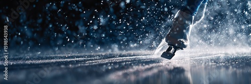 Speed Skating Race in Rain and Snow – Ground-Level Action Shot Showing Skater's Legs and Water Trail on Ice Track