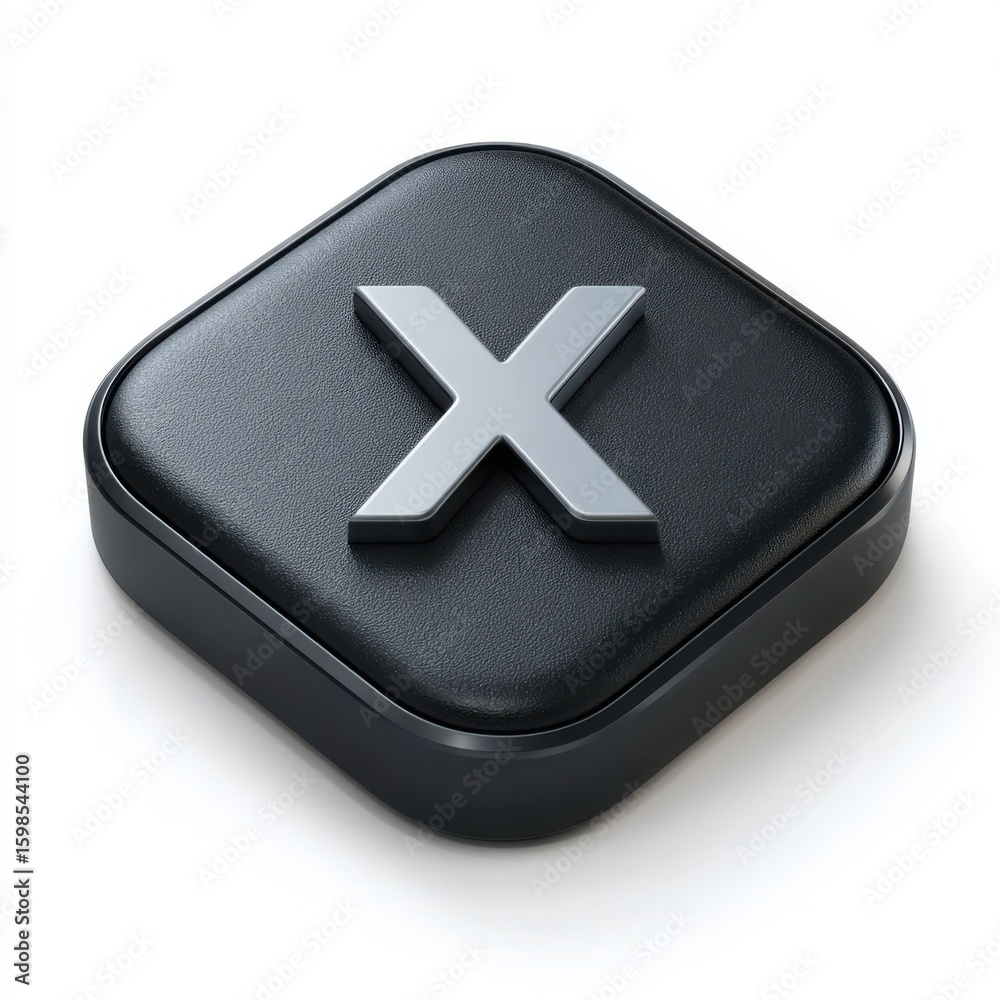 Obraz premium A dark square button with a silver metallic letter x symbol embossed on it isolated on white background