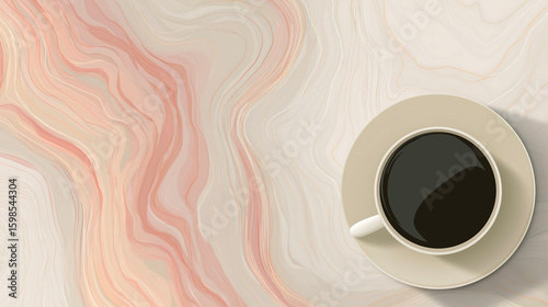 Espresso in coffee cup on smooth abstract marble background with soft waves and pastel colors, top view, copy space.