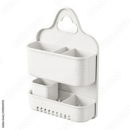 Modern white two tiered bathroom shower caddy organizer with hanging loop isolated on transparent background