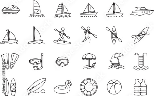 Water Sports and Beach Activity Icons Pack, Aquatic Recreation Vector Set, Jet Ski, Kayak, Paddleboard, Snorkel, Umbrella, Float, Lifebuoy, Surfboard, Pool Ladder