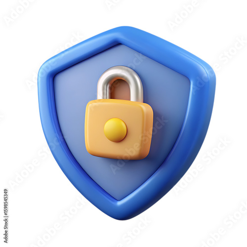 3d rendering of a blue shield with a yellow padlock symbol representing security and protection isolated on transparent background