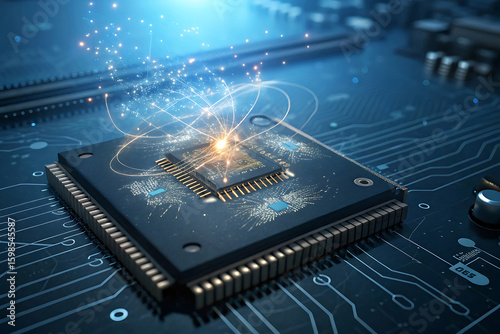 A closeup view of a computer processor chip on a circuit board illuminated by