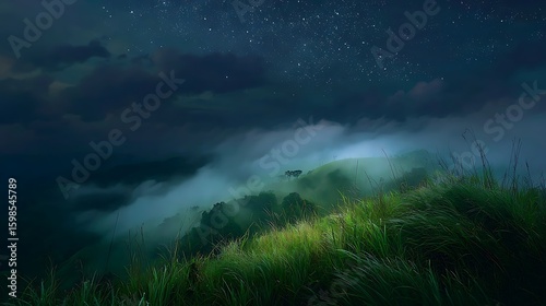 Starry Night Mountainscape. Grass covers misty hills under a celestial sky. Use for nature marketing, website background, or atmospheric design.